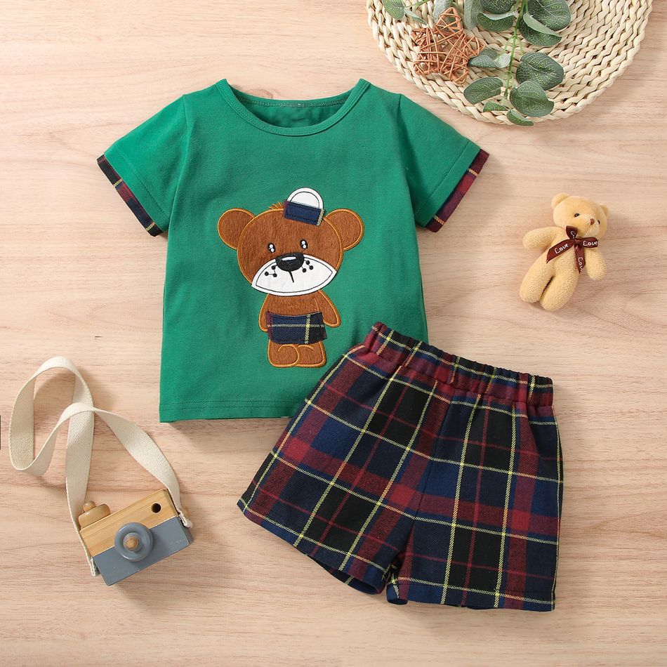 2pcs Baby Boy Cartoon Bear Embroidered Short-sleeve T-shirt and Plaid Shorts Set Dark Green
