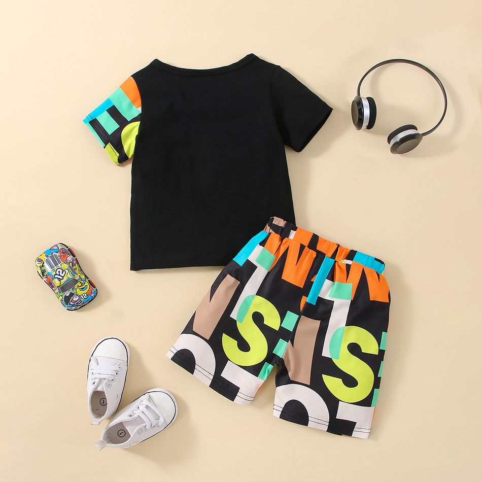 2pcs Baby Boy 95% Cotton Short-sleeve Letter Print Black Splicing T-shirt and Shorts Set Black big image 1