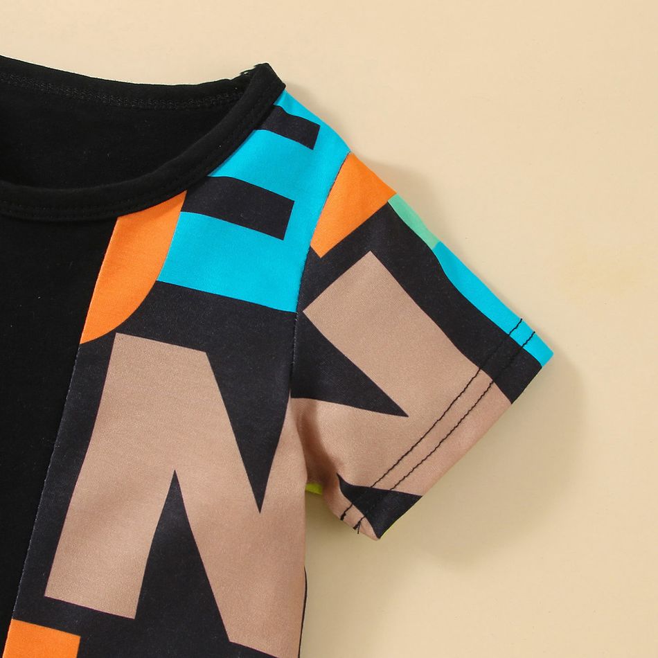 2pcs Baby Boy 95% Cotton Short-sleeve Letter Print Black Splicing T-shirt and Shorts Set Black