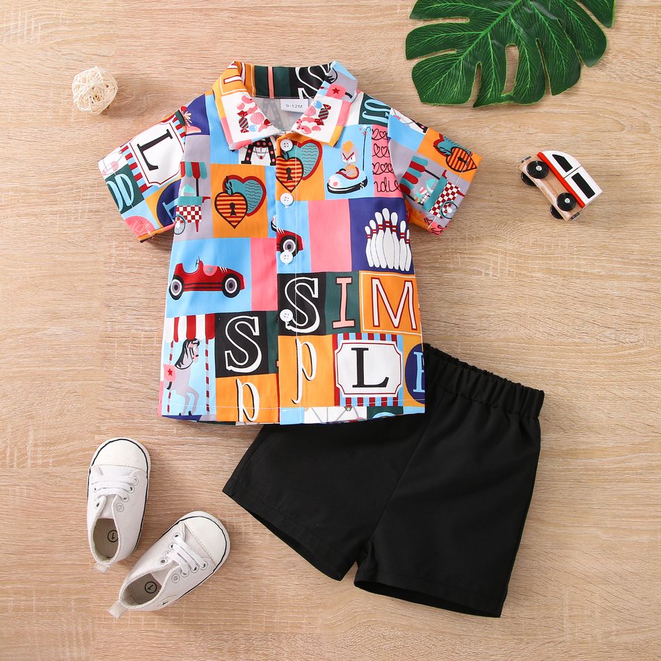 2pcs Baby Boy All Over Print Short-sleeve Button Up Shirt and Solid Shorts Set Multi-color