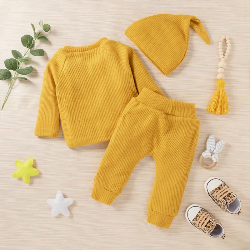 Baby Boy/Girl 3pcs Solid Ribbed Long-sleeve Pullover and Trouser Set Ginger big image 2