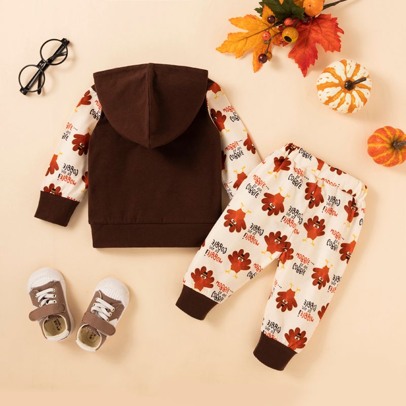 Baby 2pcs Letter and Turkey Print Long-sleeve Hoodie Set Brown big image 2