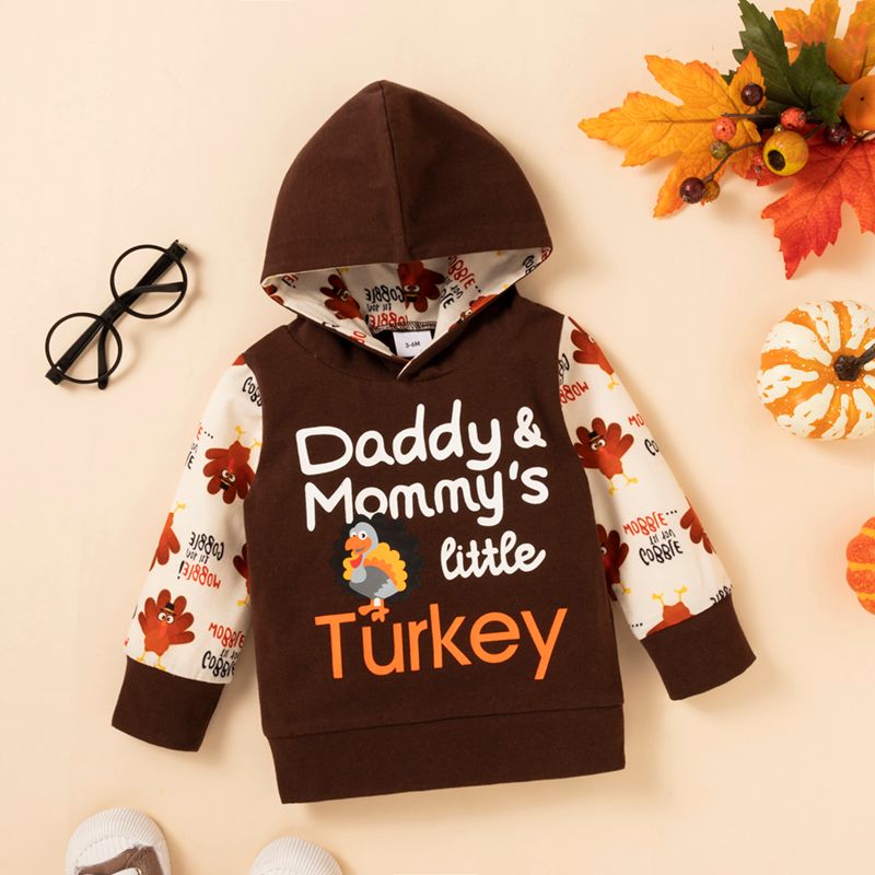 Baby 2pcs Letter and Turkey Print Long-sleeve Hoodie Set Brown big image 3