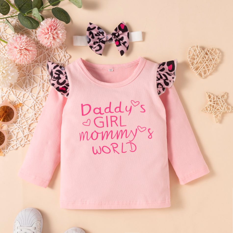 3pcs Baby Girl Letter Print Leopard Splice Long-sleeve T-shirt and Trousers Set Pink big image 3