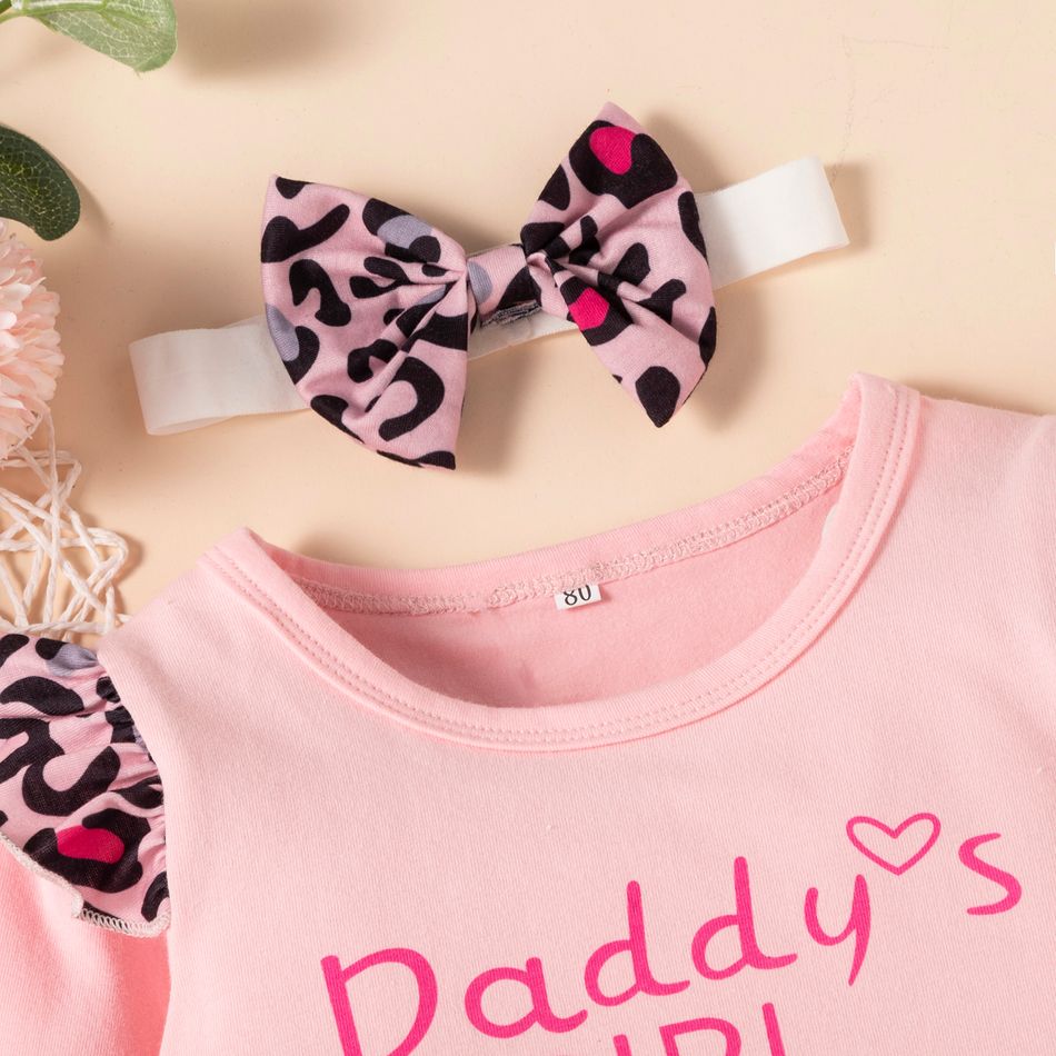 3pcs Baby Girl Letter Print Leopard Splice Long-sleeve T-shirt and Trousers Set Pink big image 5