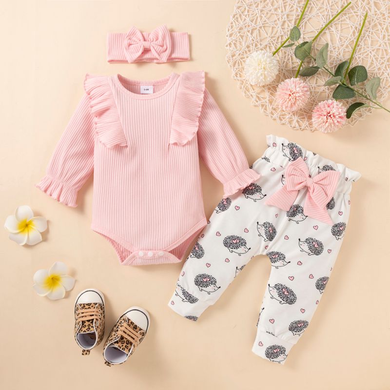 3pcs Baby Girl 95% Cotton Ribbed Ruffle Long-sleeve Romper and Hedgehog Print Trousers with Headband Set Pink