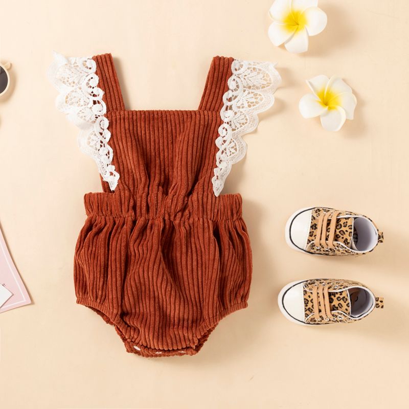 Baby Girl Lace Splicing Sleeveless Solid Corduroy Romper Brown