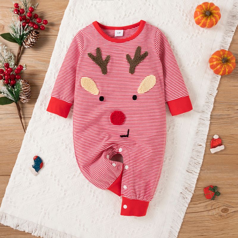 Christmas Deer Embroidered Red Striped Baby Boy/Girl Long-sleeve Cotton Jumpsuit Red