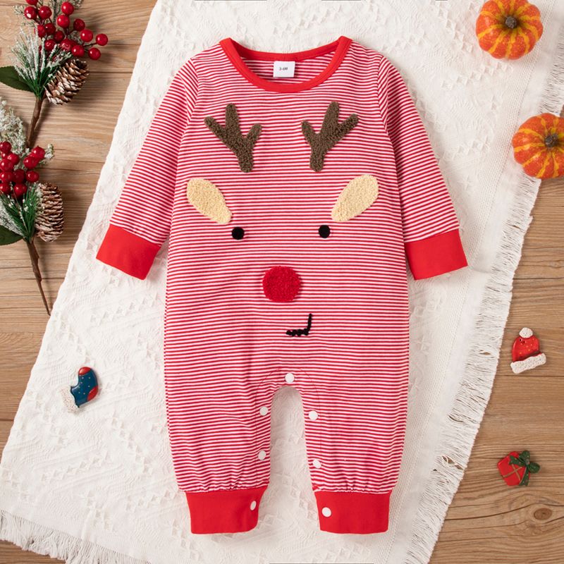 Christmas Deer Embroidered Red Striped Baby Boy/Girl Long-sleeve Cotton Jumpsuit Red big image 2