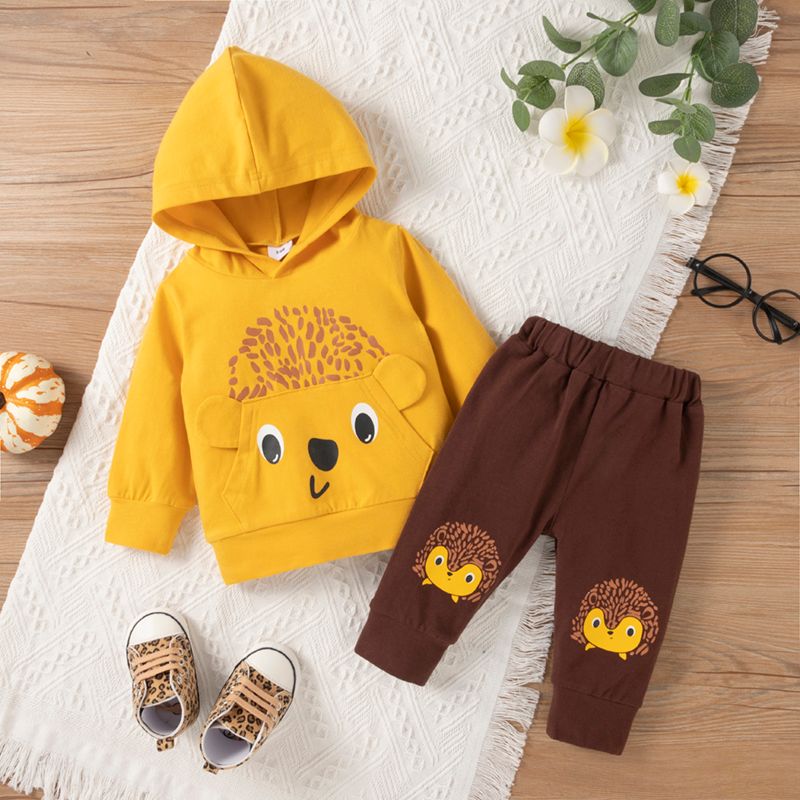 2pcs Baby Boy Cartoon Hedgehog Print 3D Ears Long-sleeve Cotton Hoodie and Trousers Set Yellow