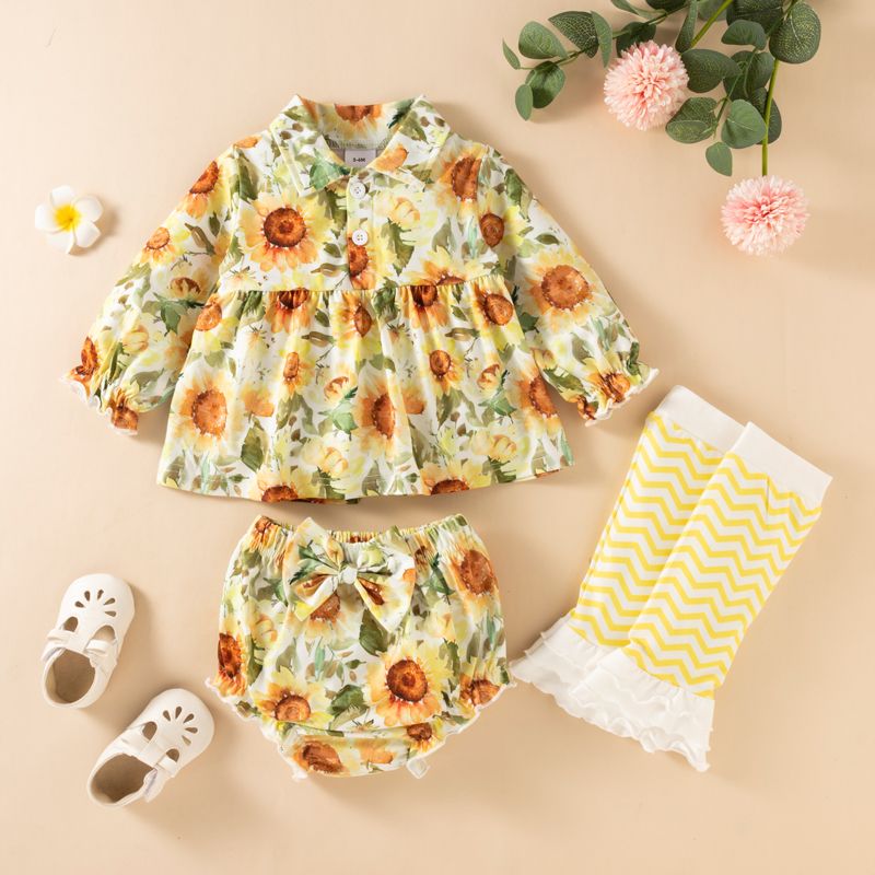 3pcs Baby All Over Floral Print Lapel Long-sleeve Top and Shorts Set Beige