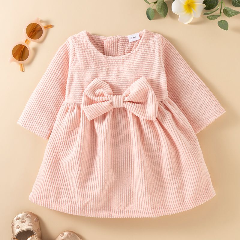 Baby Girl Solid Corduroy Long-sleeve Bowknot Dress Pink big image 1