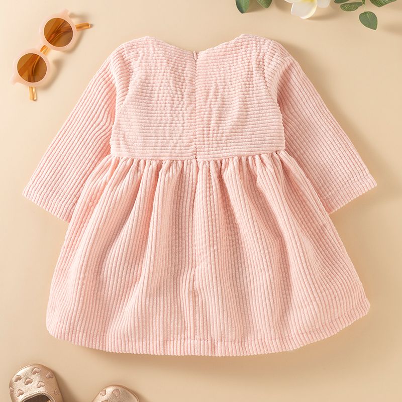 Baby Girl Solid Corduroy Long-sleeve Bowknot Dress Pink big image 3
