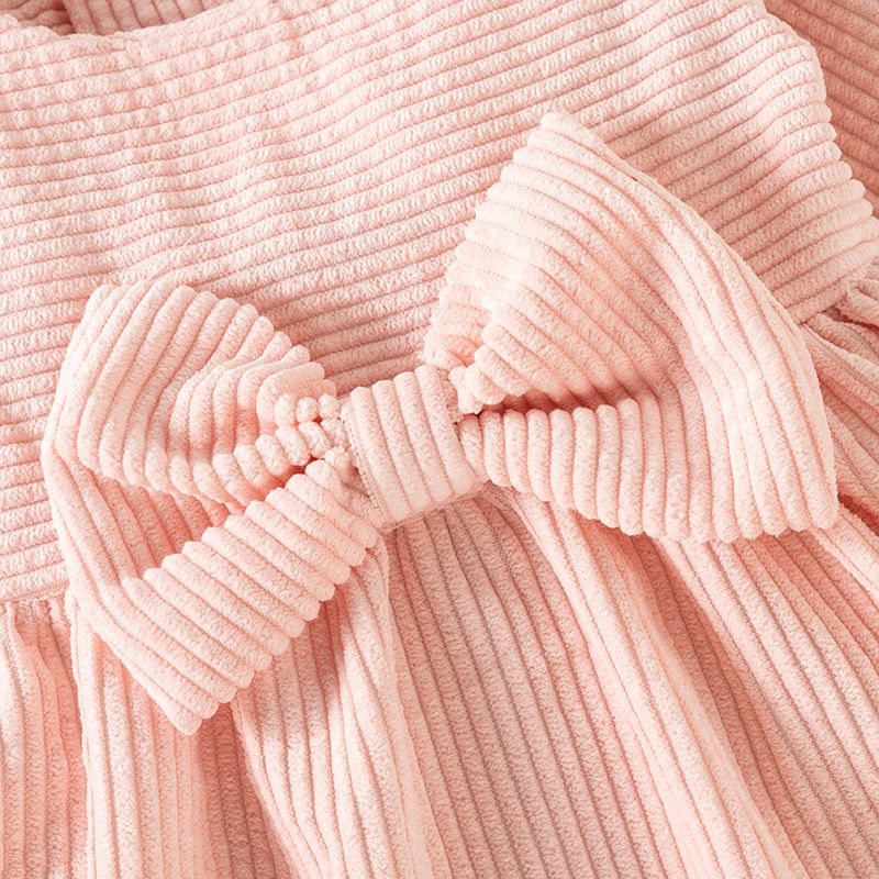 Baby Girl Solid Corduroy Long-sleeve Bowknot Dress Pink big image 5