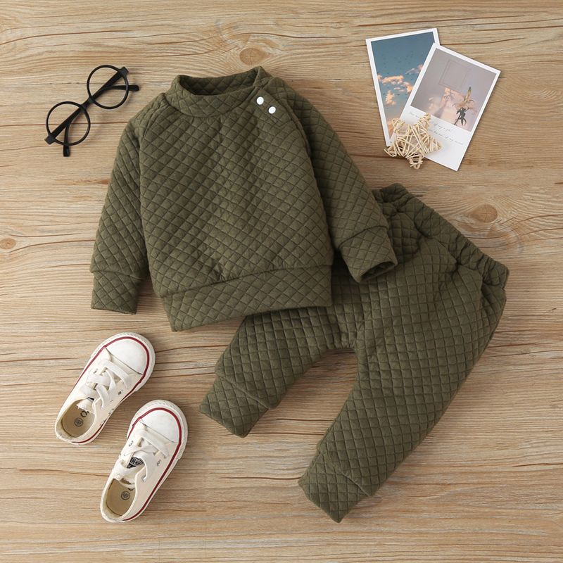 2pcs Baby Boy/Girl Solid Thickened Quilted Long-sleeve Top and Trousers Set Army green