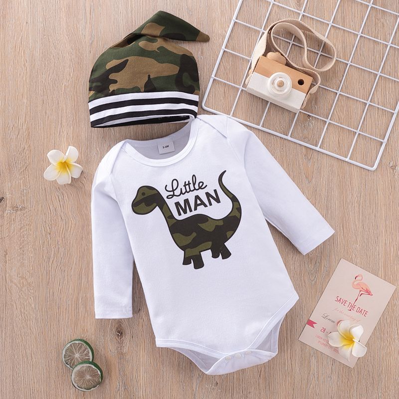 3pcs Baby Boy 95% Cotton Long-sleeve Dinosaur Letter Print Romper and Camouflage Trousers with Hat Set White big image 2