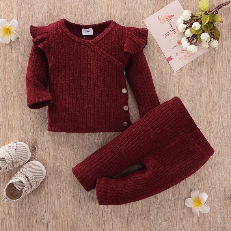 2pcs Baby Solid Knitted Ribbed V Neck Ruffle Long-sleeve Top and Trousers Set Burgundy