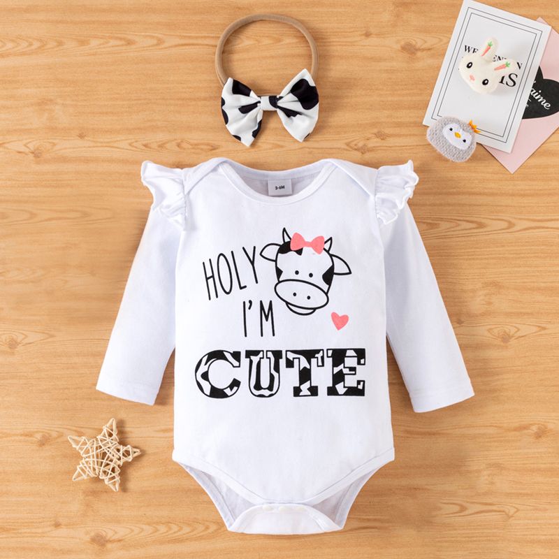 3pcs Baby Girl Letter and Cow Print White Long-sleeve Romper and Bowknot Trousers Set White big image 3