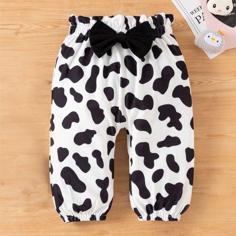 3pcs Baby Girl Letter and Cow Print White Long-sleeve Romper and Bowknot Trousers Set White big image 4