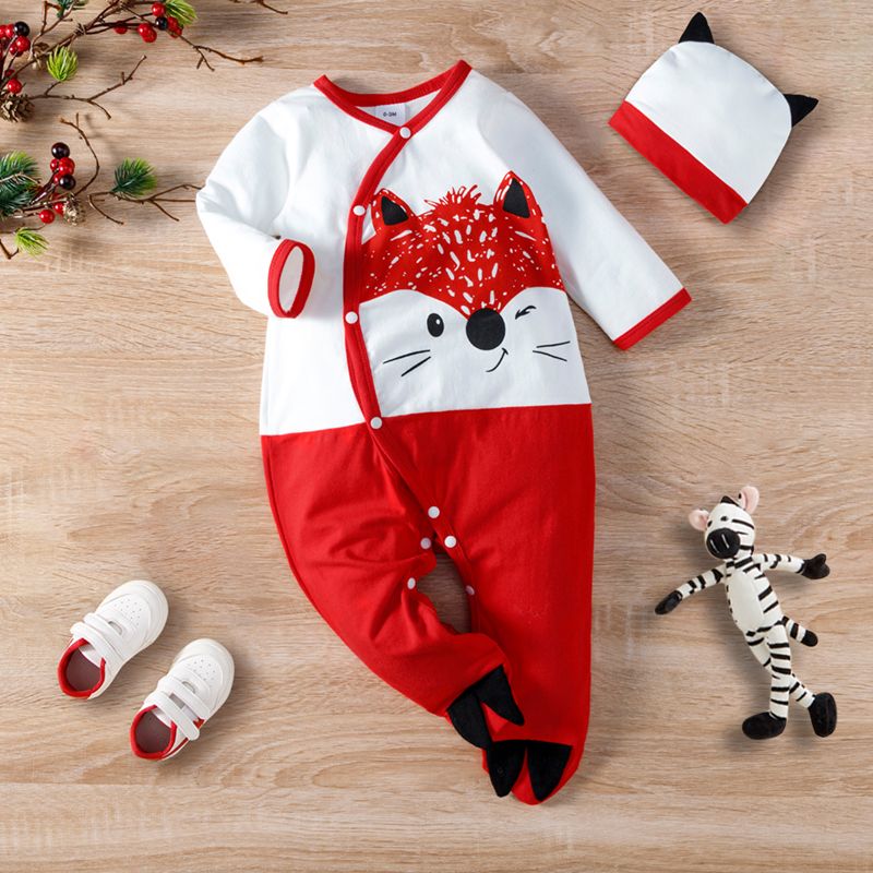 Baby Girl Animal Fox Print Button Design Colorblock Long-sleeve Dress Red