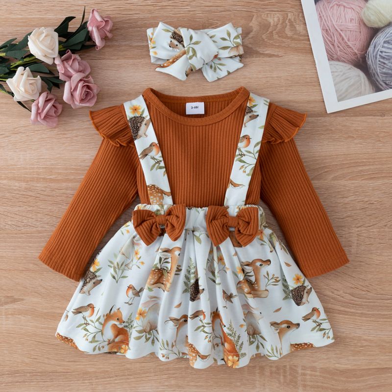 3pcs Baby Girl Brown Ribbed Long-sleeve Romper and Animal Print Suspender Skirt Set Brown