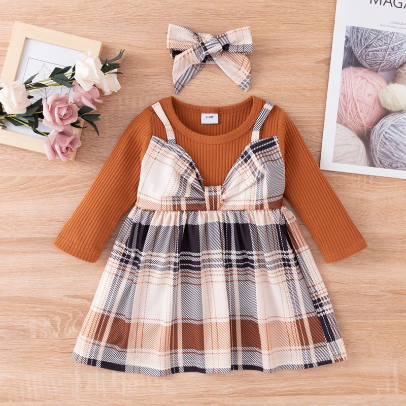 2pcs Baby Girl Brown Ribbed Long-sleeve Splicing Plaid Faux-two Dress Set Orangebrown