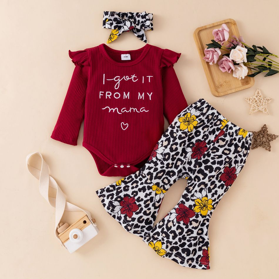 3pcs Baby Girl Letter Embroidered Solid Ribbed Long-sleeve Romper and Floral Leopard Bell Bottom Pants Set Burgundy