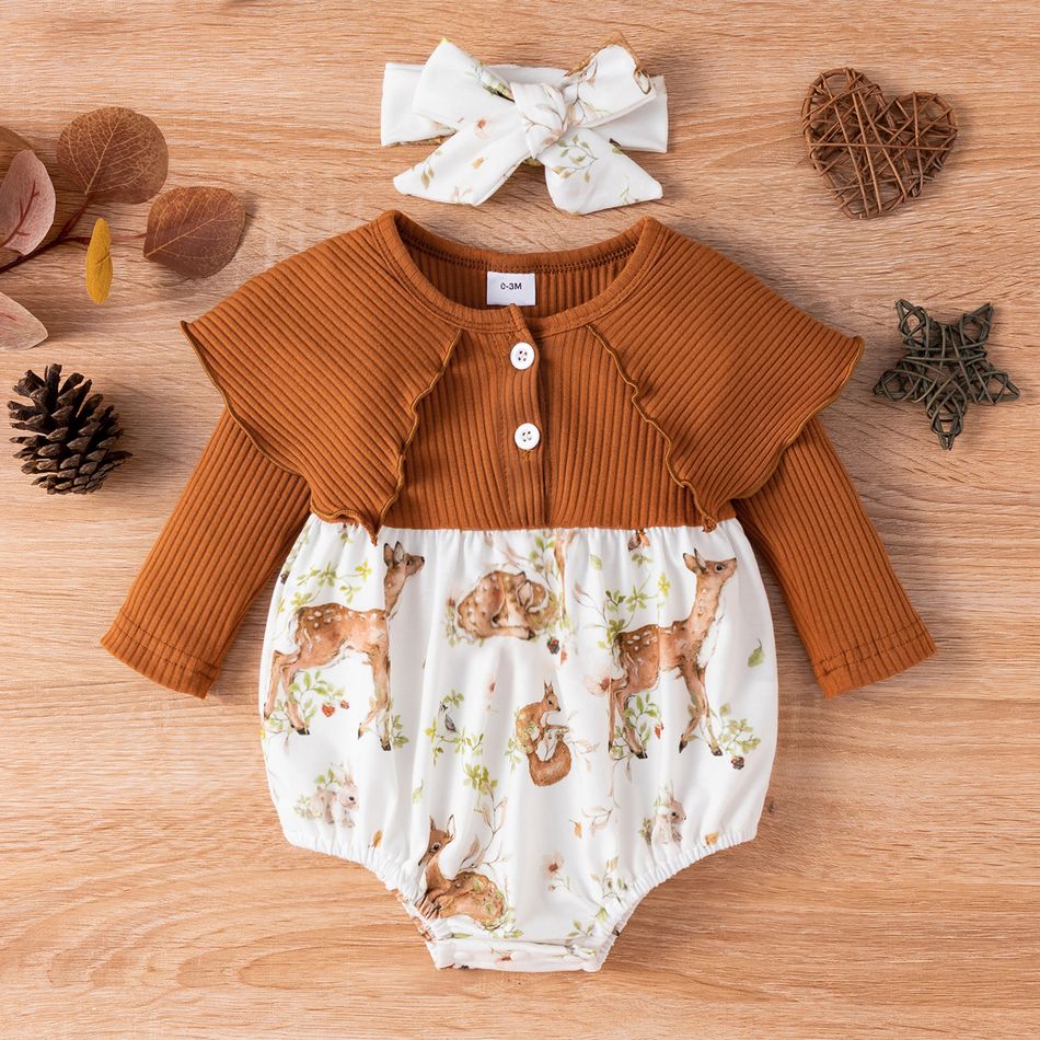 2pcs Baby Girl Brown Ribbed Long-sleeve Splicing Animal and Plant Print Romper Set Brown
