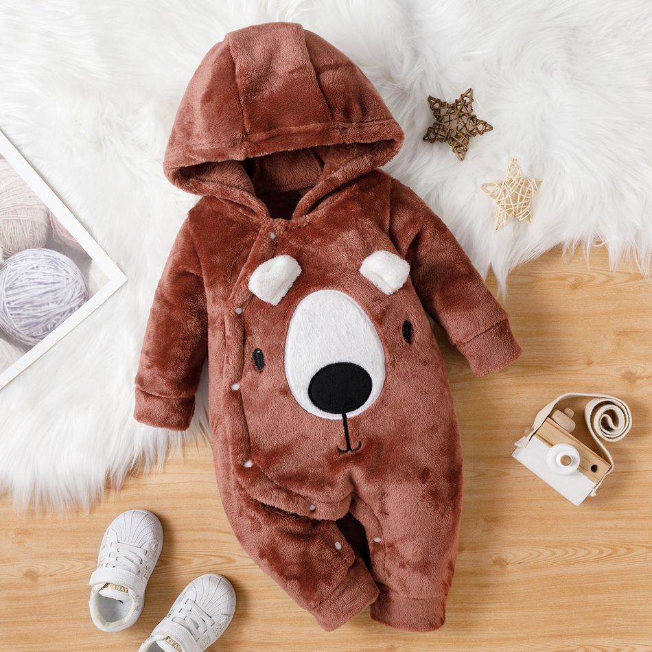 Baby Boy Cartoon Animal Pattern Thickened Fleece Snap-up Long-sleeve Hooded Jumpsuit Brown