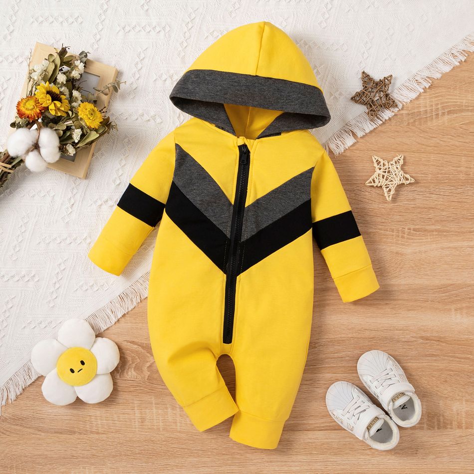 Baby Boy/Girl Colorblock Long-sleeve Hooded Zip Jumpsuit Yellow