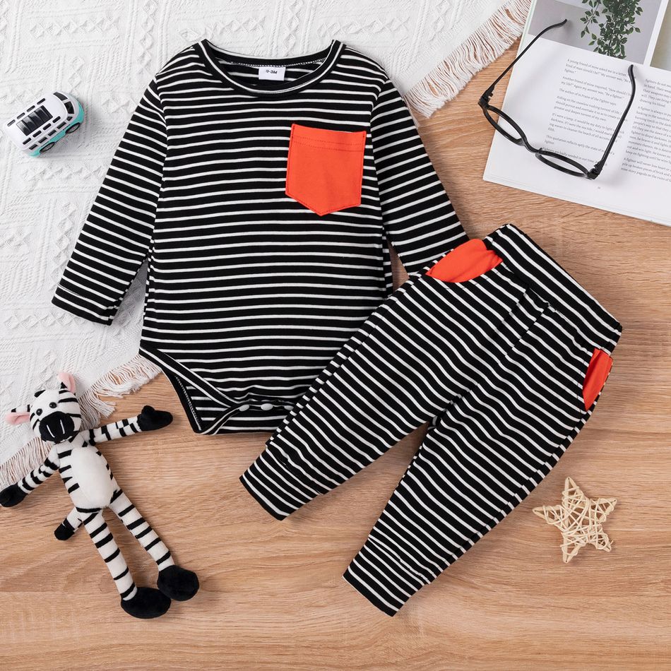 2pcs Baby Boy Striped/Solid Long-sleeve Romper and Trousers Set Black