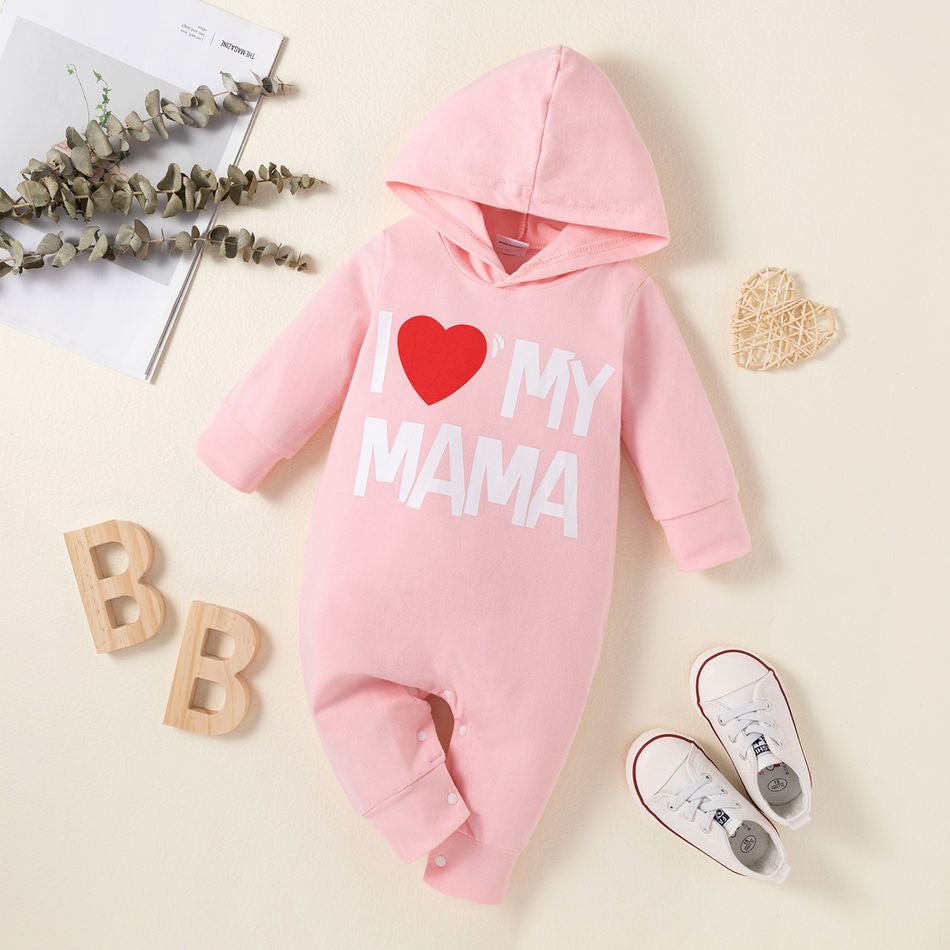 Baby Boy/Girl Love Heart and Letter Print Long-sleeve Hooded Jumpsuit Pink