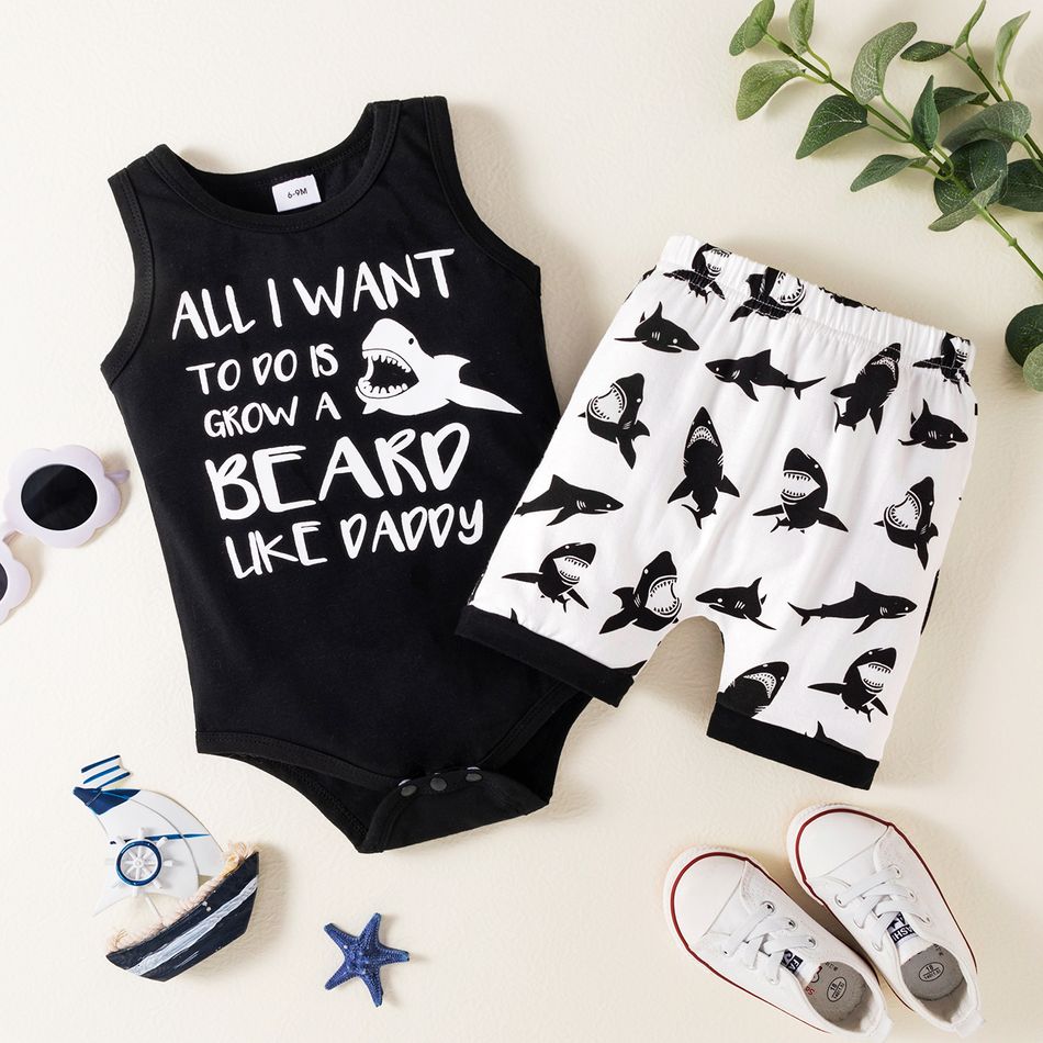 2pcs Baby Boy Shark and Letter Print Sleeveless Romper and Shorts Set Black
