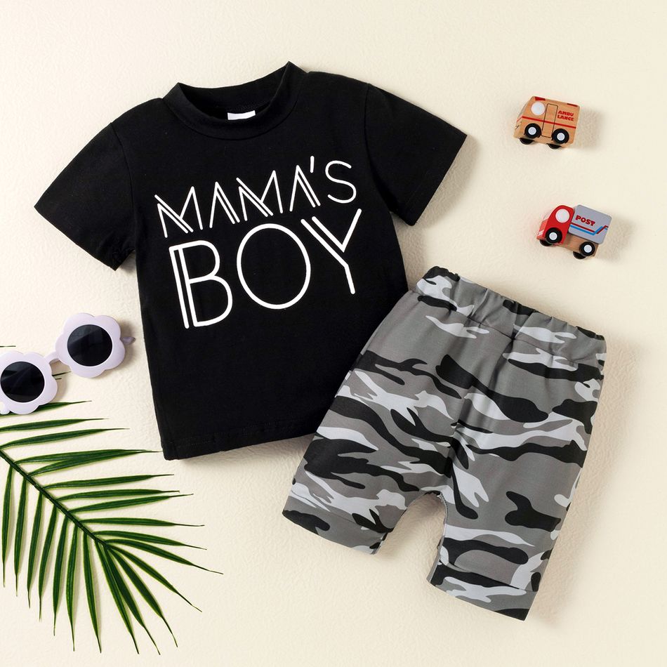 2pcs Baby Boy Letter Print Short-sleeve T-shirt and Camouflage Shorts Set Black