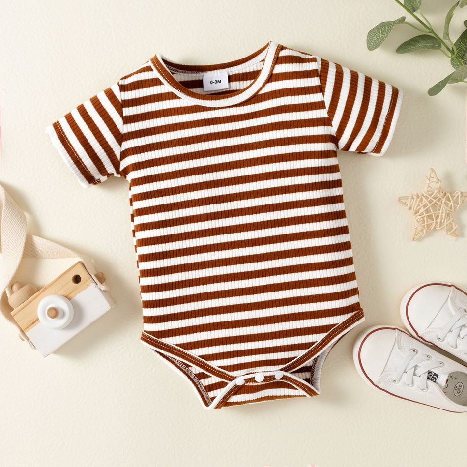 Baby Boy All Over Animal Print/Striped Ribbed Short-sleeve Romper White