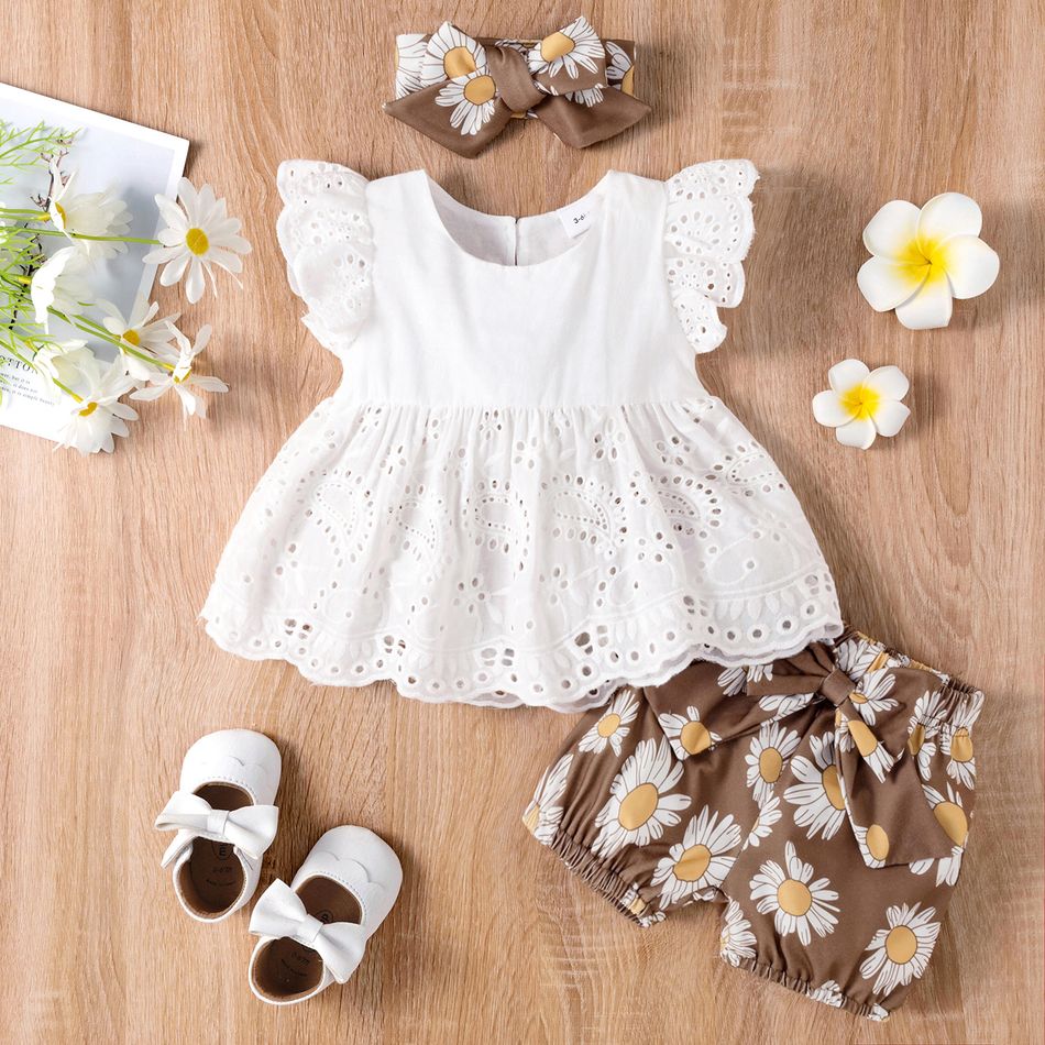 3pcs Baby Girl 100% Cotton Hollow Out Floral Embroidered Flutter-sleeve Top and Daisy Floral Print Bowknot Shorts with Headband Set White