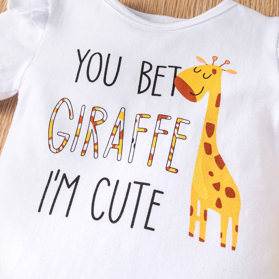 3pcs Baby Girl 95% Cotton Ruffle Short-sleeve Cartoon Giraffe Letter Print Romper and Bowknot Shorts with Headband Set White big image 6