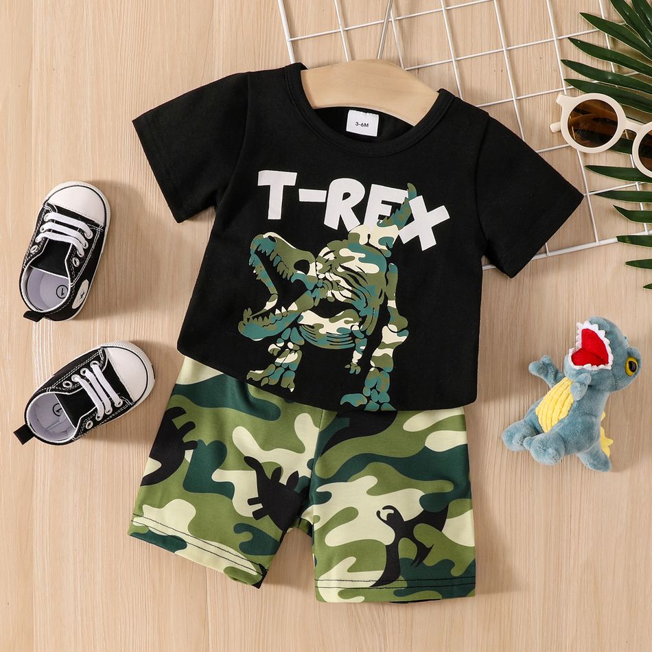 2pcs Baby Boy Camouflage Dinosaur and Letter Print Short-sleeve T-shirt with Shorts Set Black