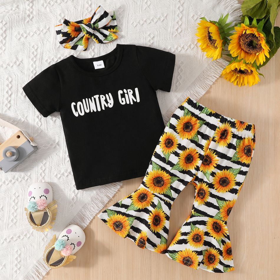 3pcs Baby Girl 95% Cotton Short-sleeve Letter Print Tee and Allover Sunflowers Striped Flared Pants with Headband Set Black