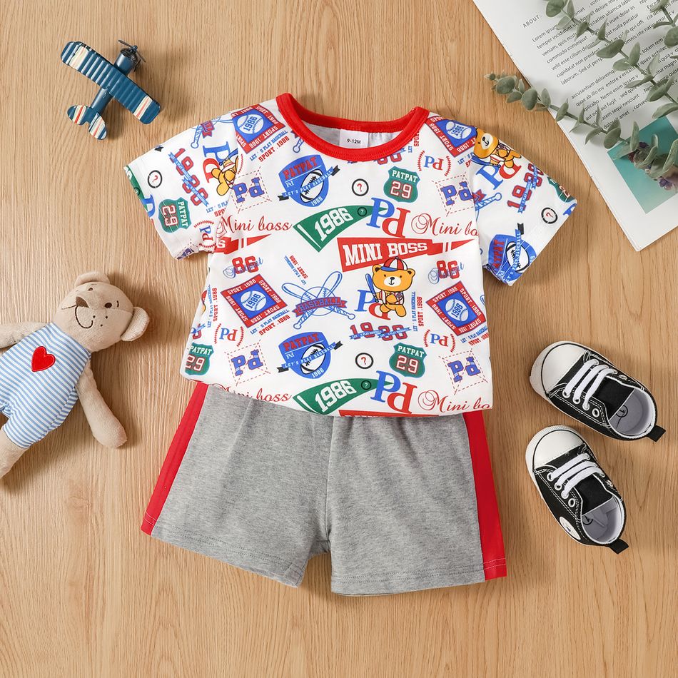 2pcs Baby Boy 95% Cotton Colorblock Shorts and All Over Print Short-sleeve T-shirt Set White big image 2