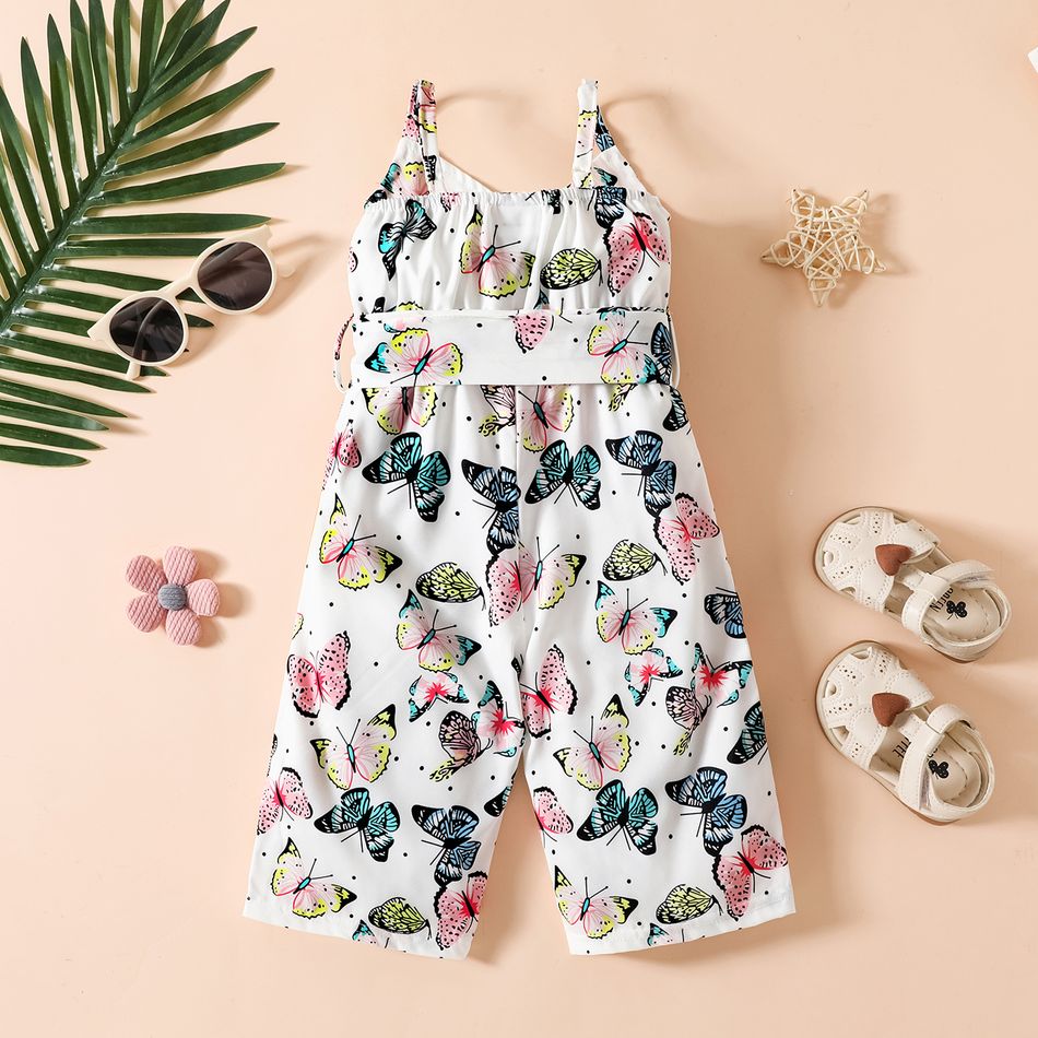 Baby Girl All Over Butterfly Print Spaghetti Strap Belted Jumpsuit White big image 2
