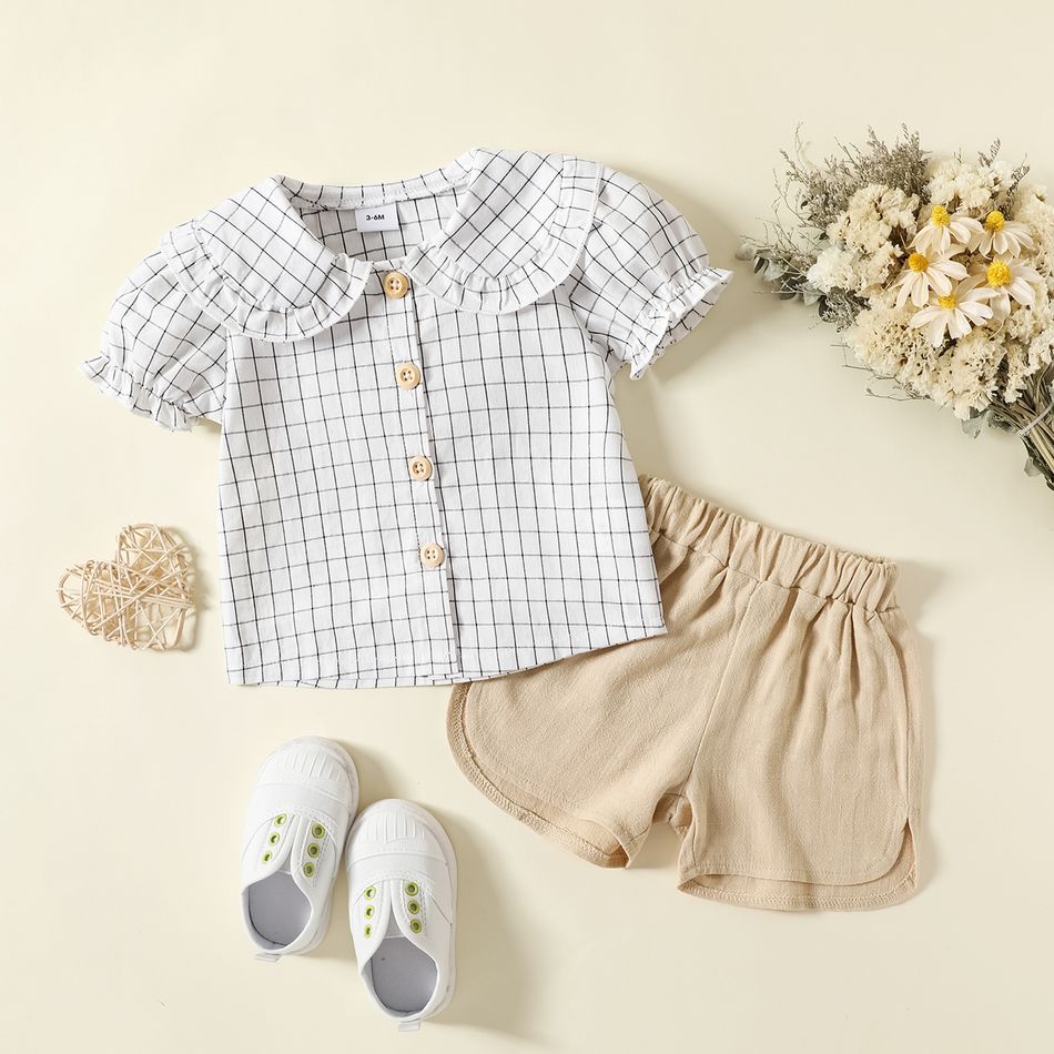 Equally Cute Baby Siblings 100% Cotton 2pcs Plaid Short-sleeve White Shirt Top and Apricot Shorts Set White