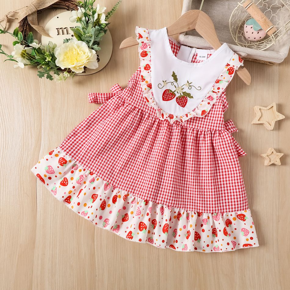Summer Picnic Toddler Girl Plaid Strawberry Embroidery Print Sleeveless Red Tank Dress Red
