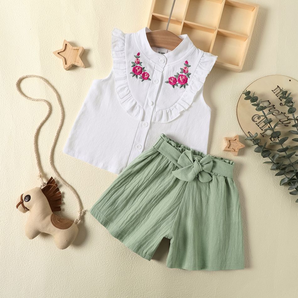 Mini Lady Toddler Girl 2pcs 100% Cotton Floral Embroidered Sleeveless White Top Blouse and Solid Green Shorts Set White