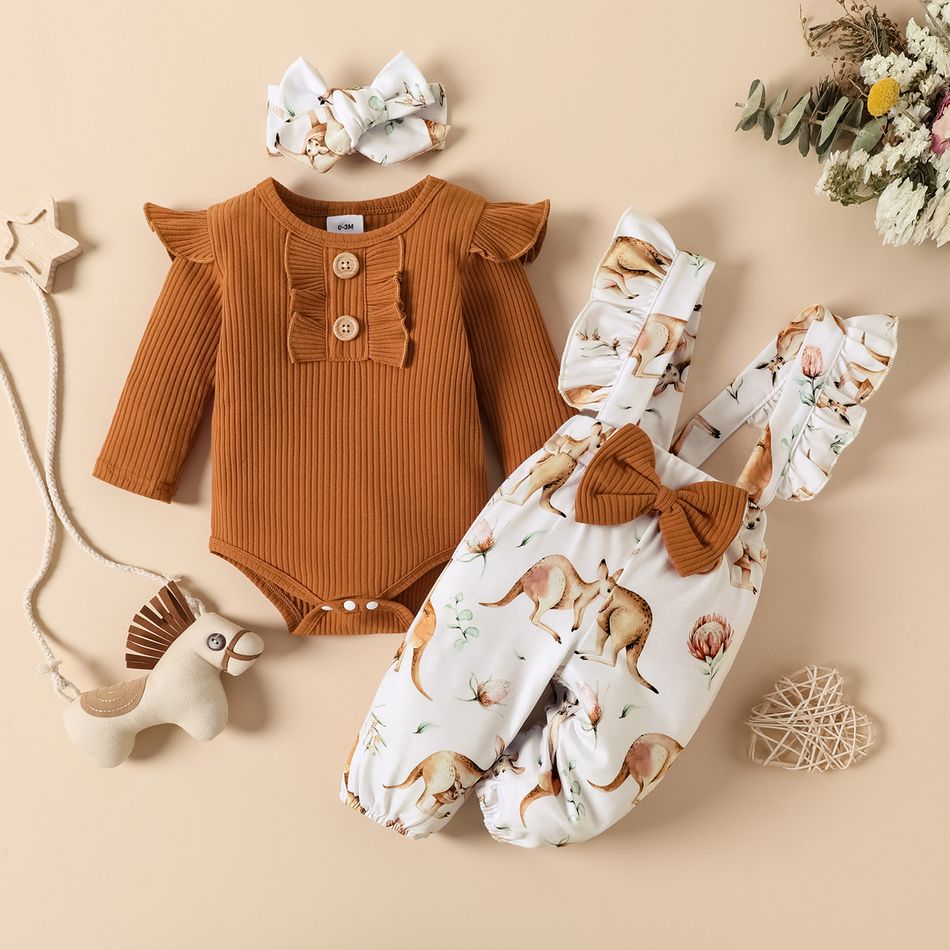 3pcs Baby Girl 95% Cotton Ribbed Long-sleeve Romper and Allover Animal Print Ruffle Trim Suspender Pants with Headband Set Khaki