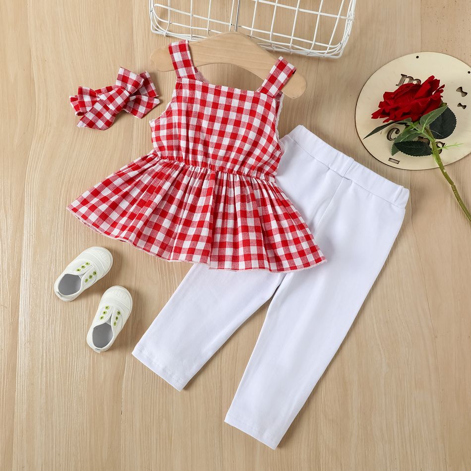 3pcs Baby Girl 100% Cotton Red Plaid Lace Cami Top and Pants with Headband Set Red big image 2