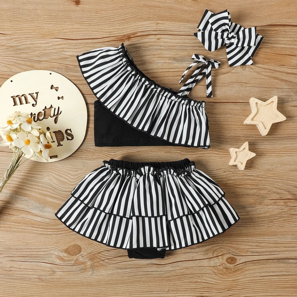 3pcs Baby Girl 95% Cotton Solid Splicing Striped Ruffle Trim One Shoulder Cami Crop Top and Layered Shorts with Headband Set Black