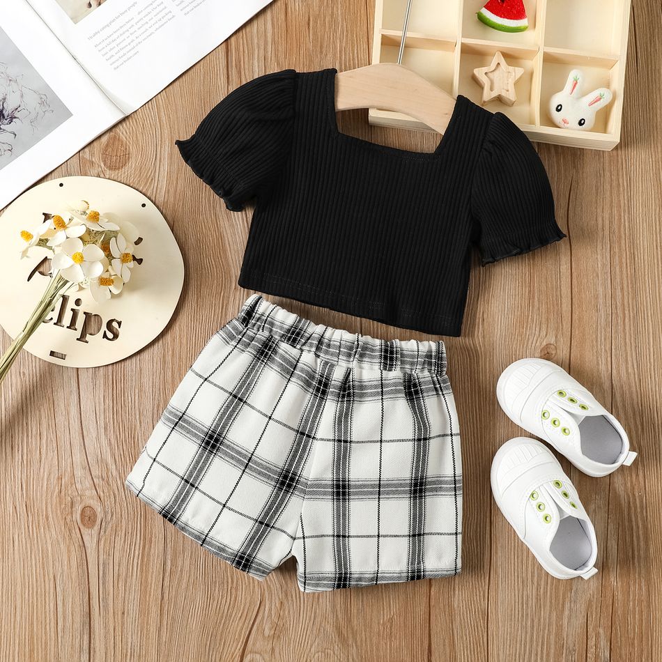 2pcs Baby Girl 95% Cotton Ribbed Puff-sleeve Square Neck Button Up Crop Top and Plaid Shorts Set Black big image 5
