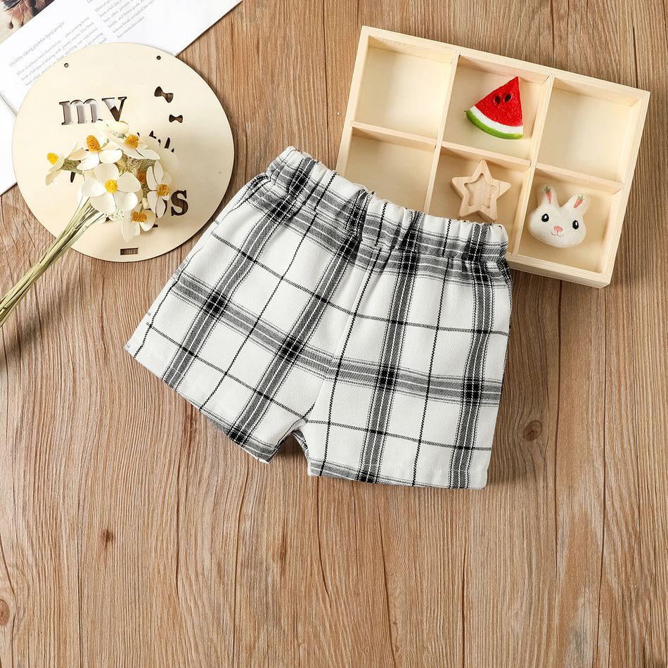 2pcs Baby Girl 95% Cotton Ribbed Puff-sleeve Square Neck Button Up Crop Top and Plaid Shorts Set Black big image 6