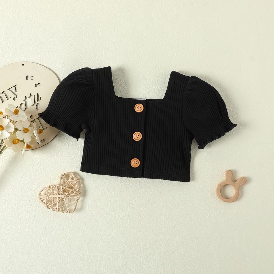 2pcs Baby Girl 95% Cotton Ribbed Puff-sleeve Square Neck Button Up Crop Top and Plaid Shorts Set Black big image 10